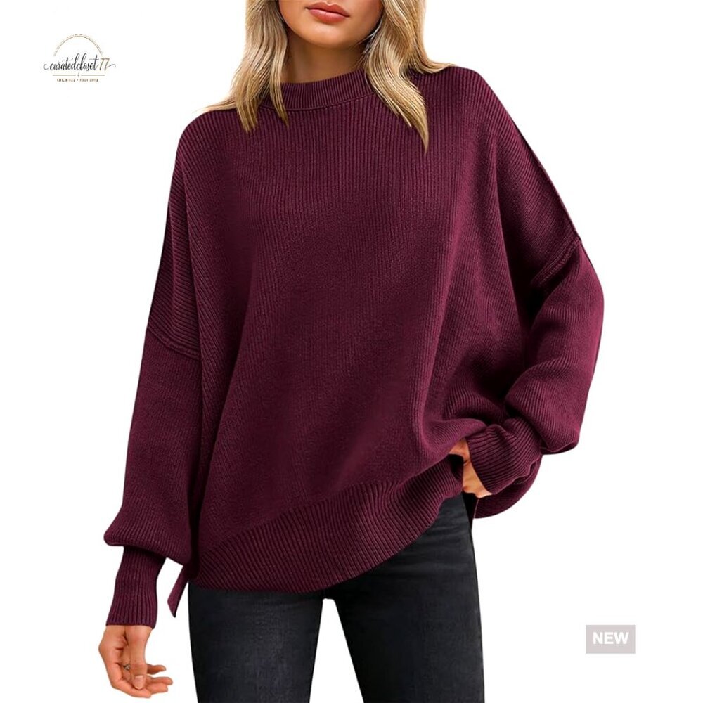 Oversized Batwing Sweater Pullover, Crewneck Long Sleeve, Loose Fit, Side Slit